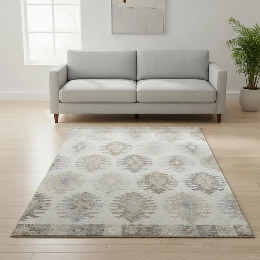 Ivory Beige And Gray Southwestern Washable Area Rug With UV Protection Photo 2