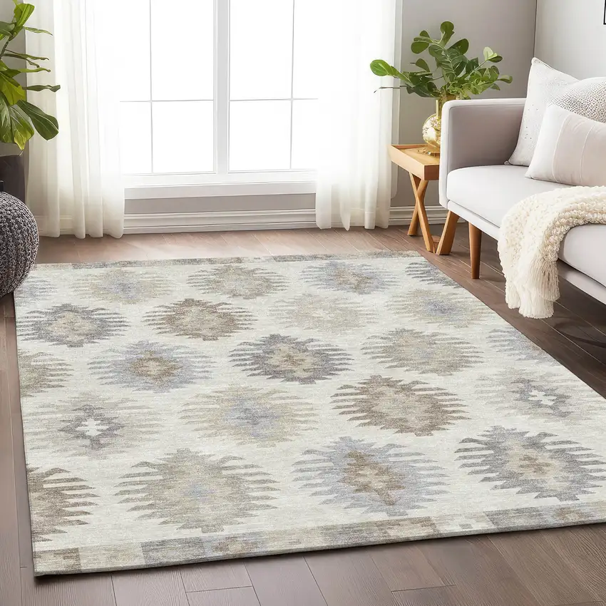 Ivory Beige And Gray Southwestern Washable Area Rug With UV Protection Photo 4