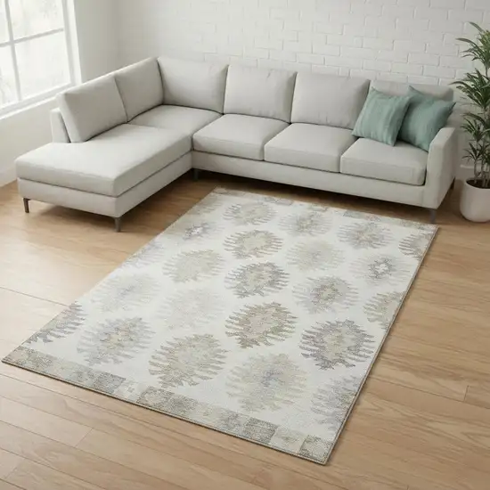 Ivory Beige And Gray Southwestern Washable Area Rug With UV Protection Photo 2
