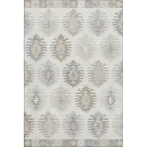 Photo of Ivory Beige And Gray Southwestern Washable Area Rug With UV Protection