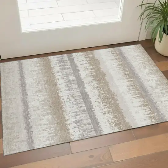 Ivory Beige And Gray Striped Washable Area Rug With UV Protection Photo 1