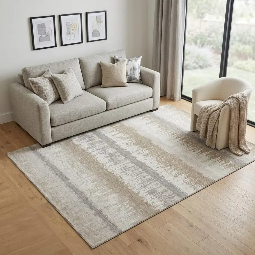 Ivory Beige And Gray Striped Washable Area Rug With UV Protection Photo 1
