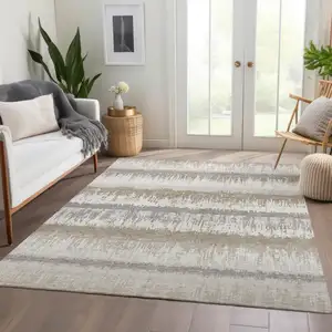 Photo of Ivory Beige And Gray Striped Washable Area Rug With UV Protection