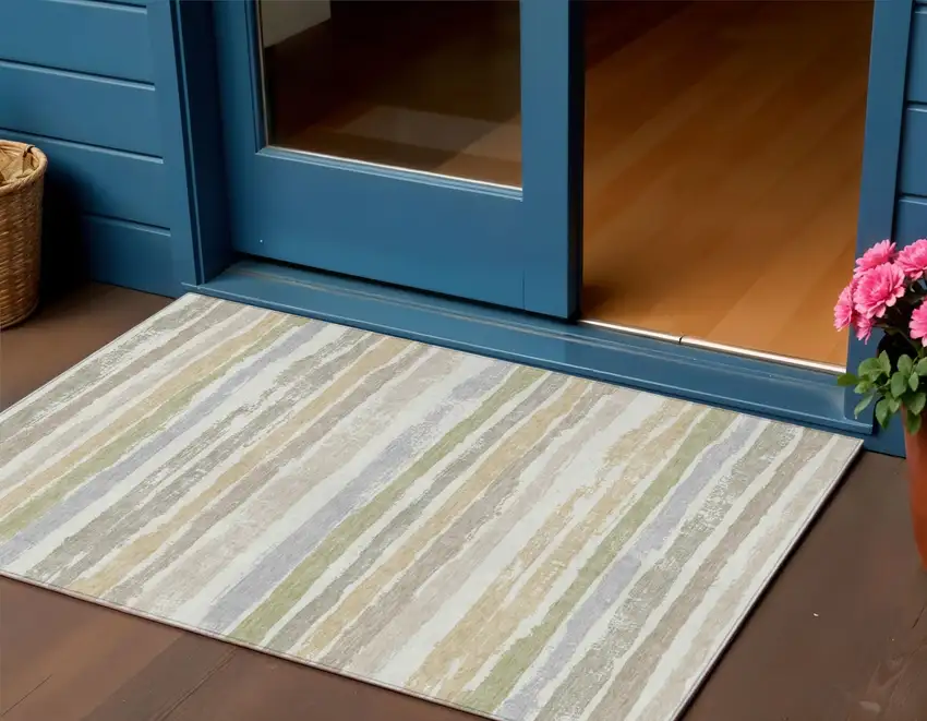 Ivory Beige And Green Striped Washable Indoor Outdoor Area Rug Photo 1