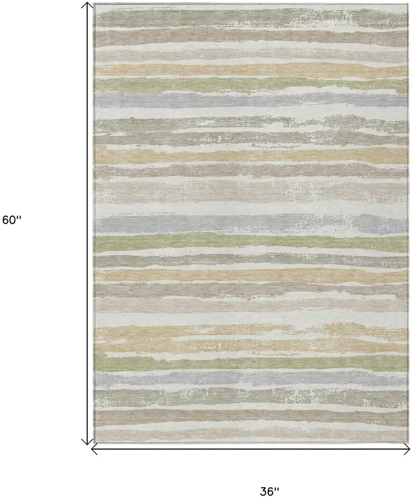 Ivory Beige And Green Striped Washable Indoor Outdoor Area Rug Photo 3