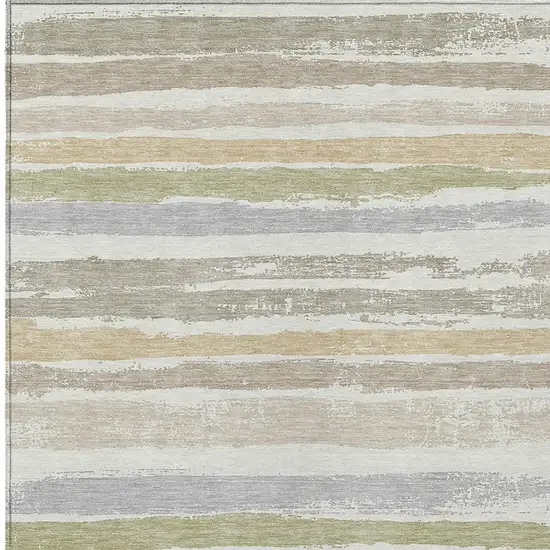 Ivory Beige And Green Striped Washable Indoor Outdoor Area Rug Photo 5