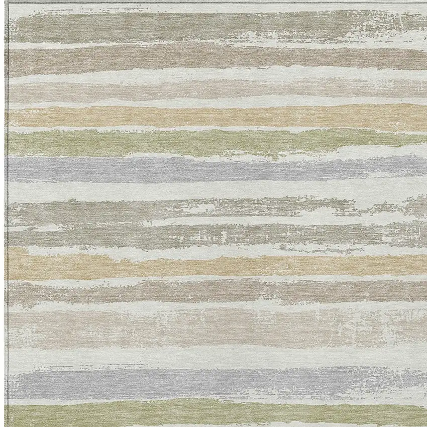 Ivory Beige And Green Striped Washable Indoor Outdoor Area Rug Photo 5