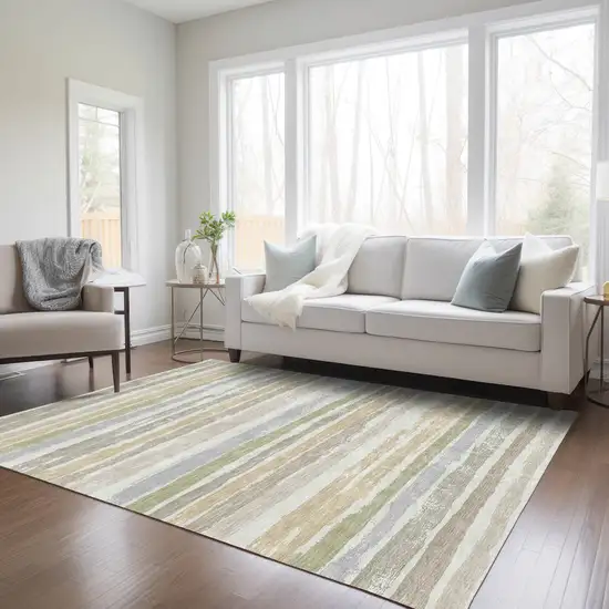 Ivory Beige And Green Striped Washable Indoor Outdoor Area Rug Photo 9