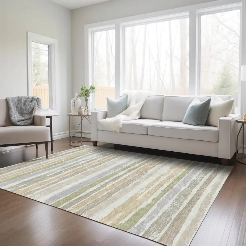Ivory Beige And Green Striped Washable Indoor Outdoor Area Rug Photo 9