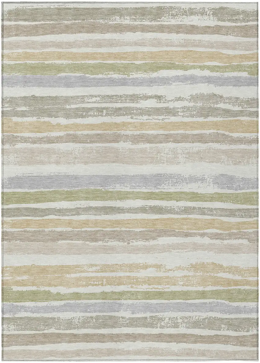 Ivory Beige And Green Striped Washable Indoor Outdoor Area Rug Photo 2