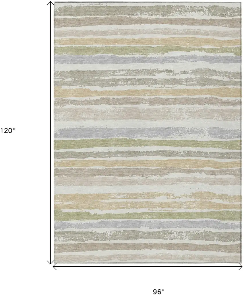 Ivory Beige And Green Striped Washable Indoor Outdoor Area Rug Photo 3