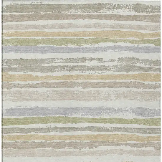 Ivory Beige And Green Striped Washable Indoor Outdoor Area Rug Photo 6