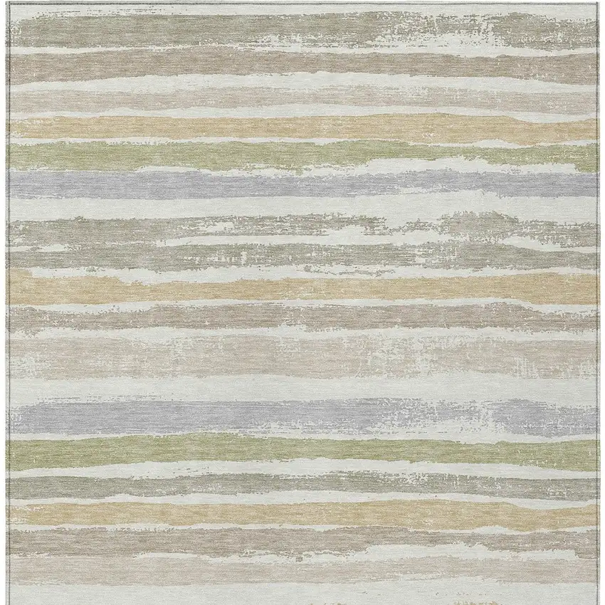 Ivory Beige And Green Striped Washable Indoor Outdoor Area Rug Photo 6
