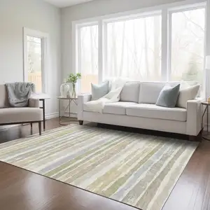 Photo of Ivory Beige And Green Striped Washable Indoor Outdoor Area Rug