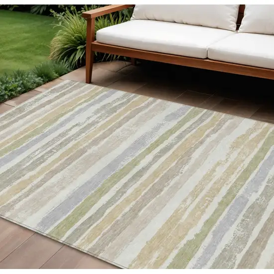 Ivory Beige And Green Striped Washable Indoor Outdoor Area Rug Photo 1
