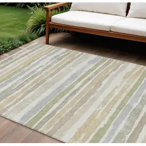 Photo of Ivory Beige And Green Striped Washable Indoor Outdoor Area Rug