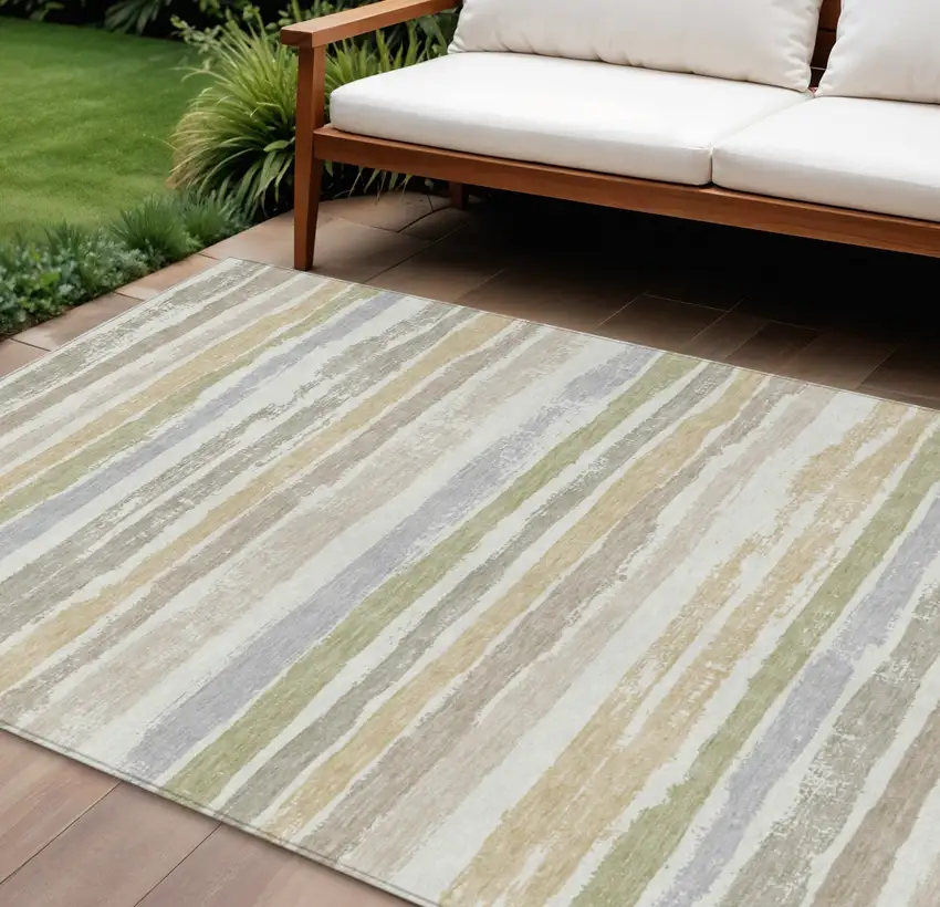 Ivory Beige And Green Striped Washable Indoor Outdoor Area Rug Photo 1