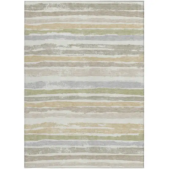 Ivory Beige And Green Striped Washable Indoor Outdoor Area Rug Photo 6