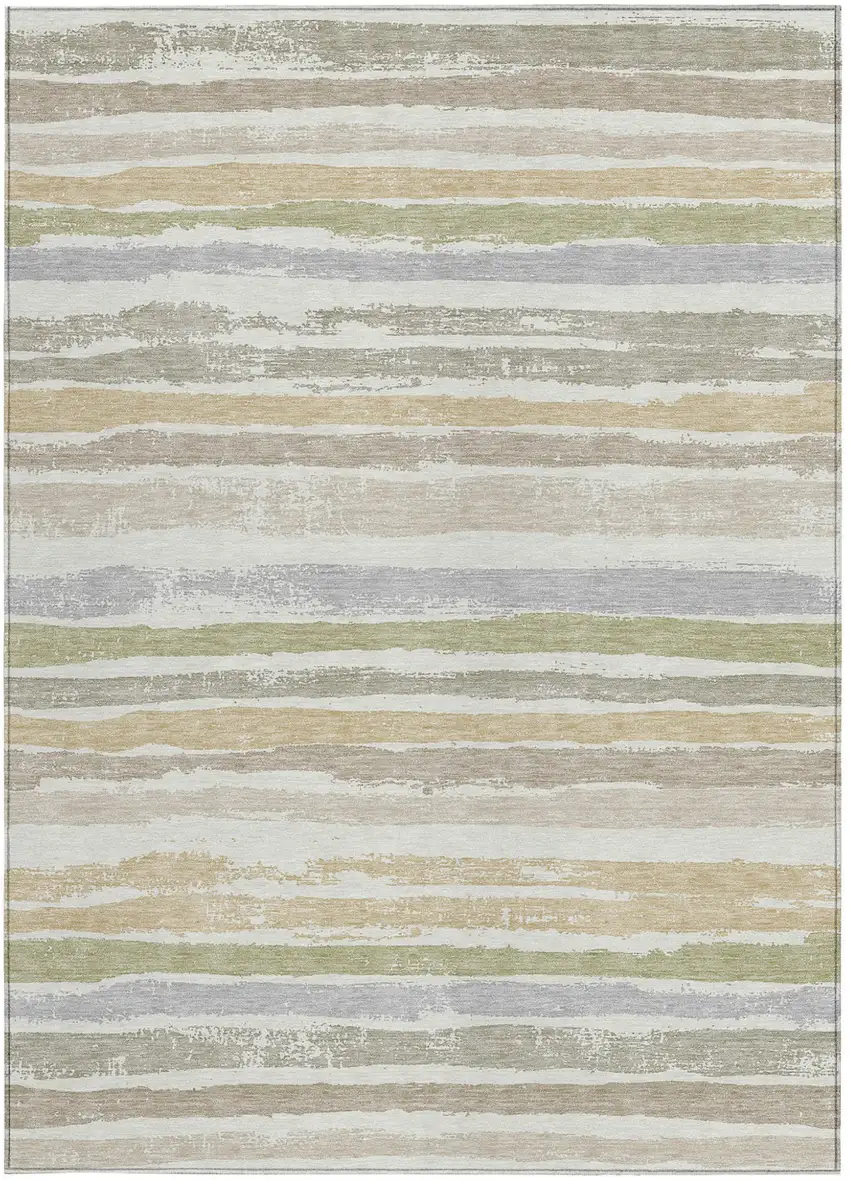 Ivory Beige And Green Striped Washable Indoor Outdoor Area Rug Photo 6