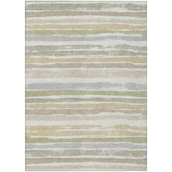 Ivory Beige And Green Striped Washable Indoor Outdoor Area Rug Photo 2