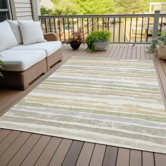 Ivory Beige And Green Striped Washable Indoor Outdoor Area Rug Photo 7