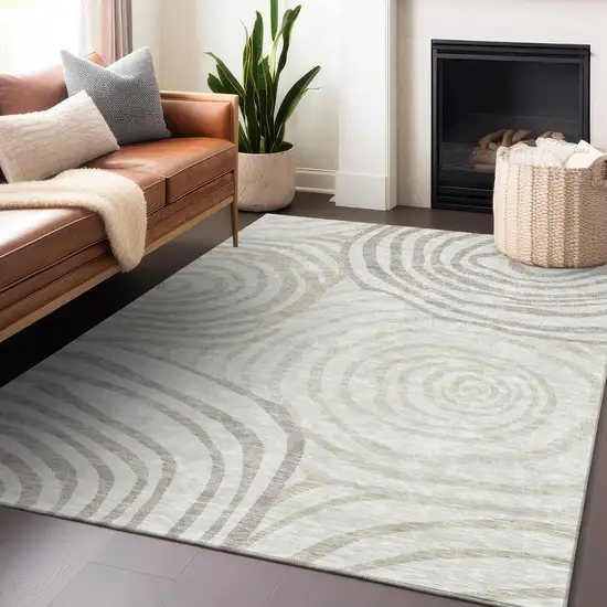 Ivory Beige And Khaki Abstract Washable Area Rug With UV Protection Photo 5