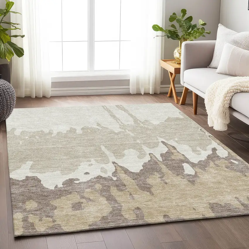 Ivory Beige And Khaki Abstract Washable Area Rug With UV Protection Photo 4