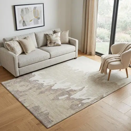 Ivory Beige And Khaki Abstract Washable Area Rug With UV Protection Photo 1