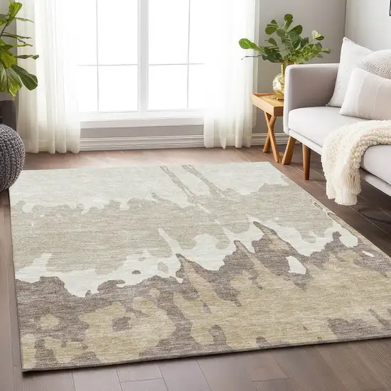 Ivory Beige And Khaki Abstract Washable Area Rug With UV Protection Photo 3