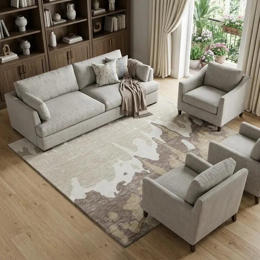 Ivory Beige And Khaki Abstract Washable Area Rug With UV Protection Photo 1