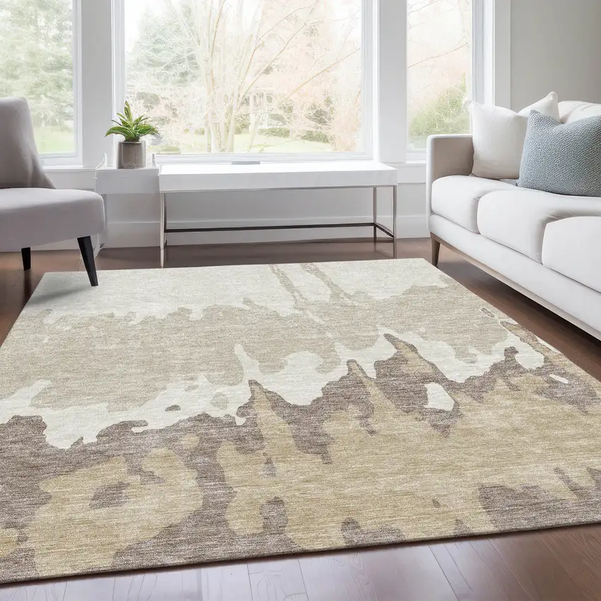 Ivory Beige And Khaki Abstract Washable Area Rug With UV Protection Photo 5