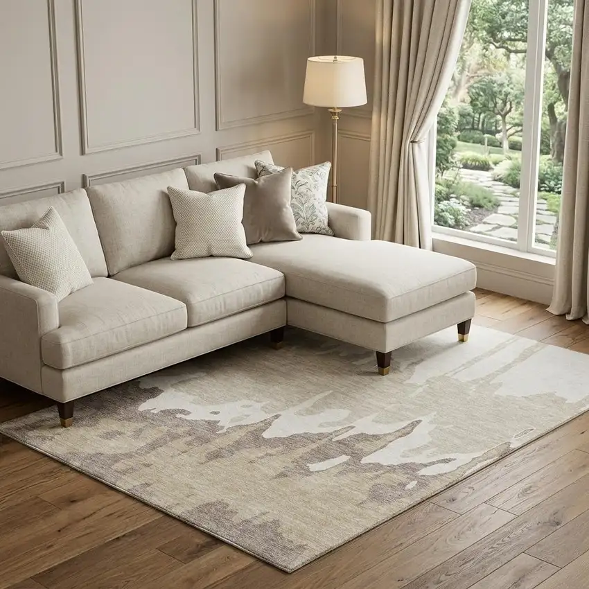Ivory Beige And Khaki Abstract Washable Area Rug With UV Protection Photo 1