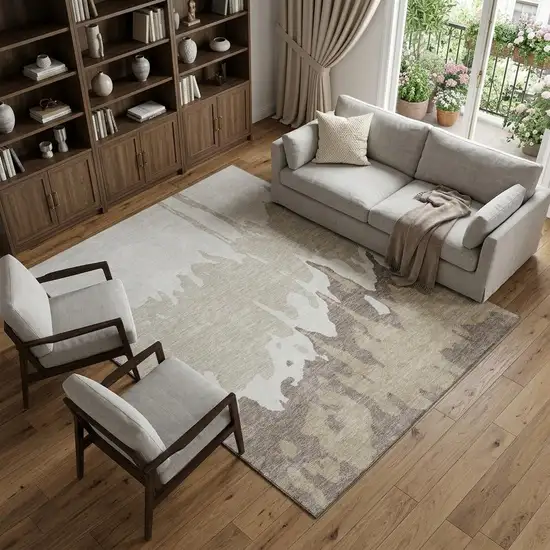 Ivory Beige And Khaki Abstract Washable Area Rug With UV Protection Photo 1