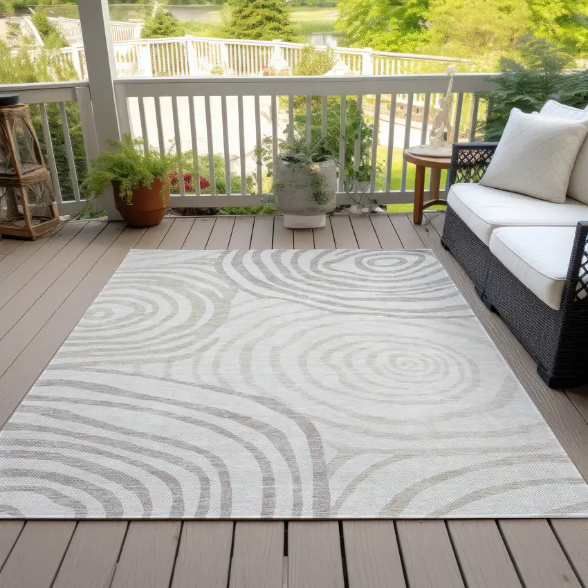 Ivory Beige And Khaki Abstract Washable Indoor Outdoor Area Rug Photo 5