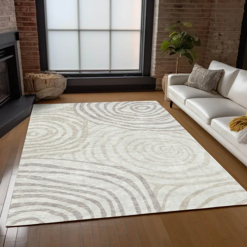 Ivory Beige And Khaki Abstract Washable Indoor Outdoor Area Rug Photo 7