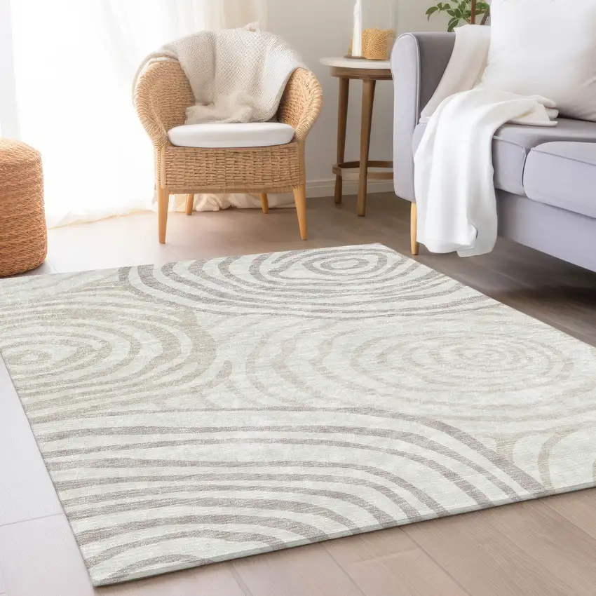 Ivory Beige And Khaki Abstract Washable Indoor Outdoor Area Rug Photo 6