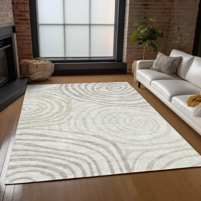 Ivory Beige And Khaki Abstract Washable Indoor Outdoor Area Rug Photo 8