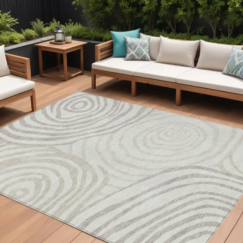 Ivory Beige And Khaki Abstract Washable Indoor Outdoor Area Rug Photo 1