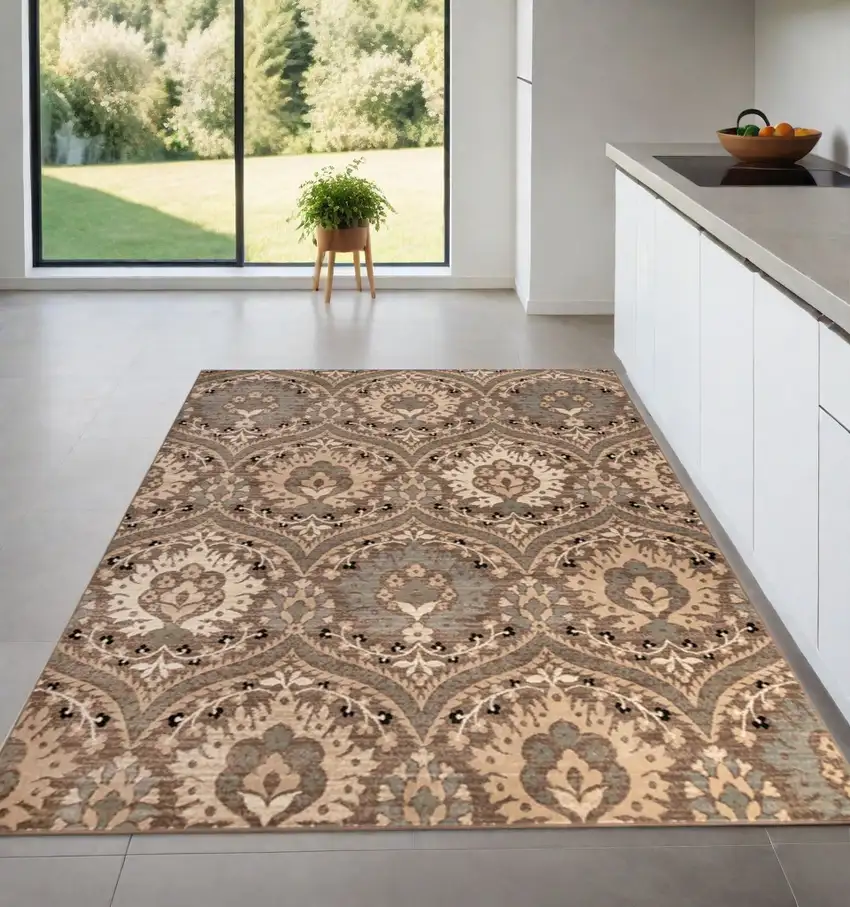 Ivory Beige And Light Blue Floral Stain Resistant Area Rug Photo 1