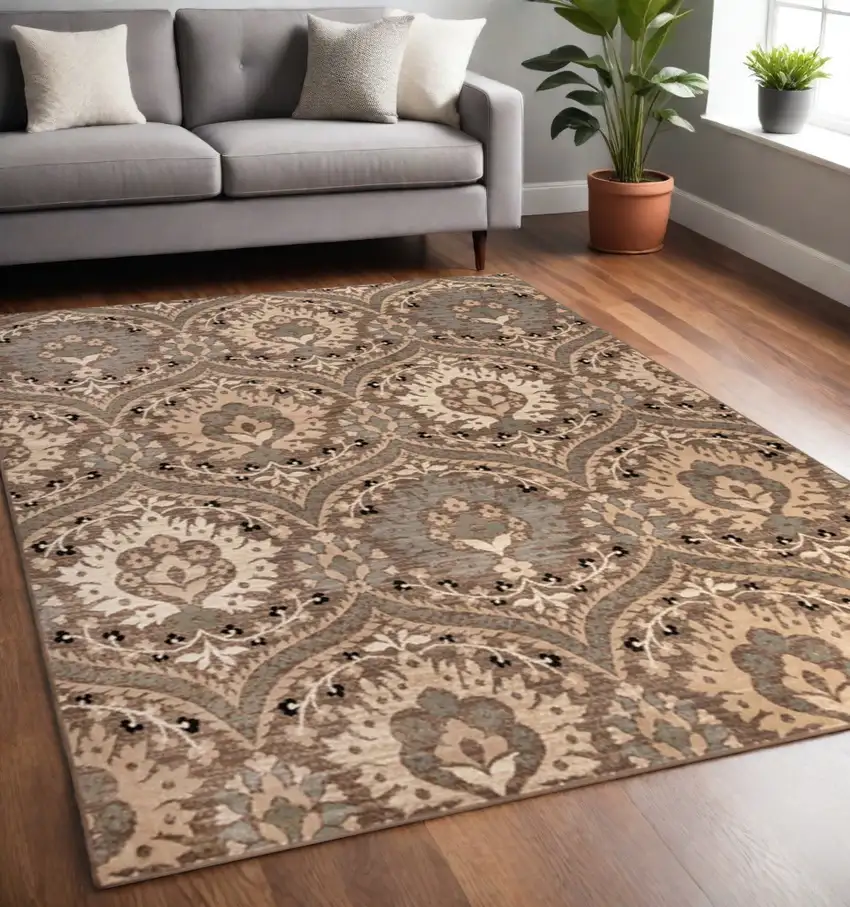 Ivory Beige And Light Blue Floral Stain Resistant Area Rug Photo 1