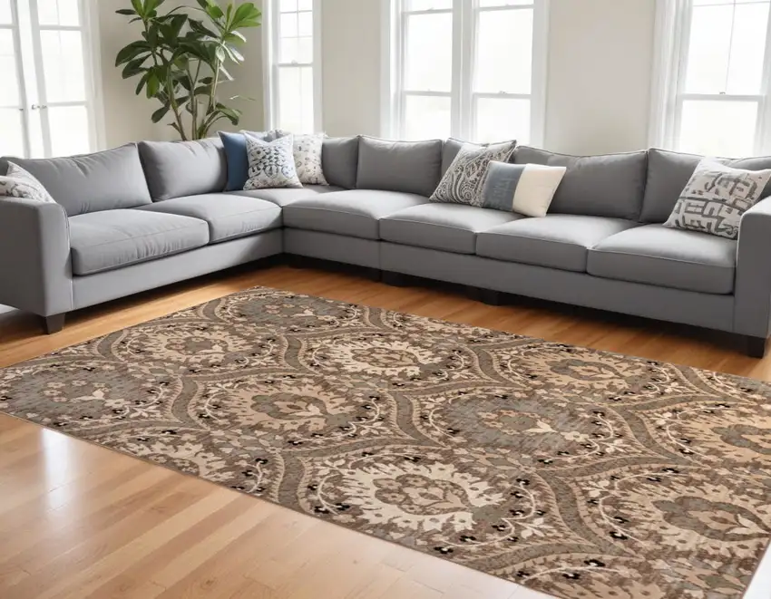 Ivory Beige And Light Blue Floral Stain Resistant Area Rug Photo 1