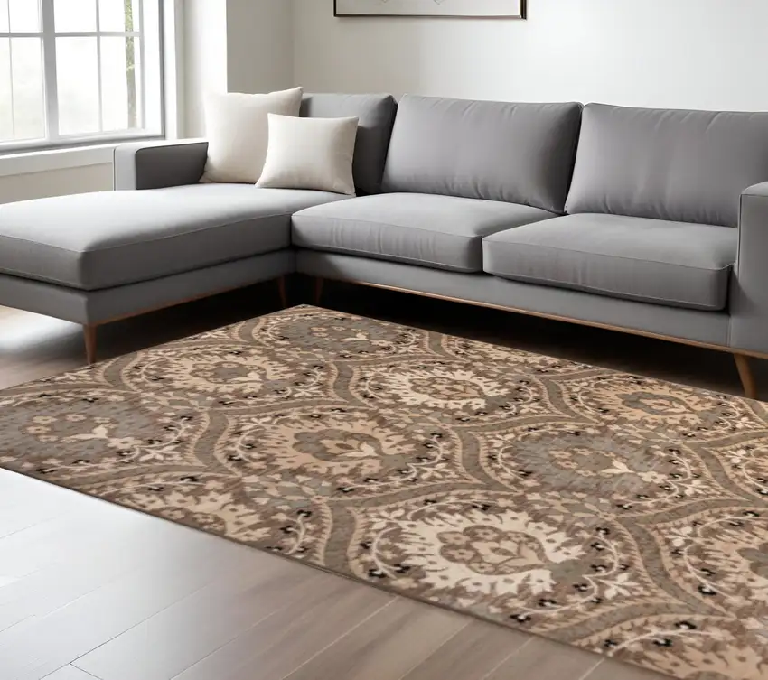 Beige And Ivory Floral Area Rug Photo 1