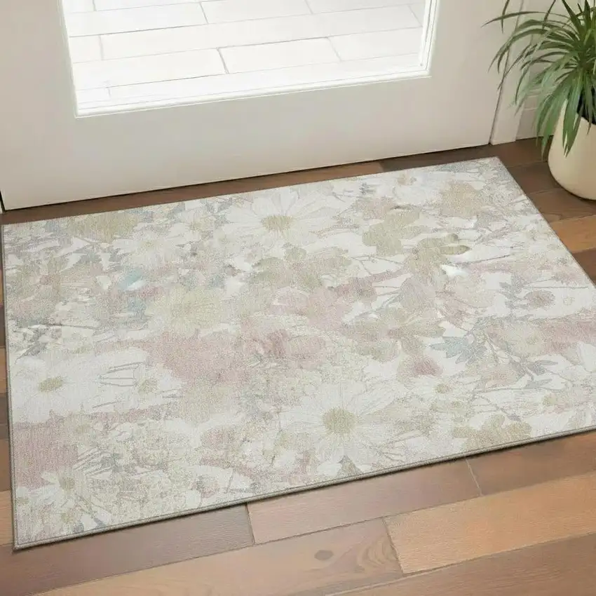 Ivory Beige And Linen Floral Washable Area Rug With UV Protection Photo 2