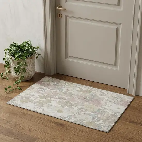 Ivory Beige And Linen Floral Washable Area Rug With UV Protection Photo 1