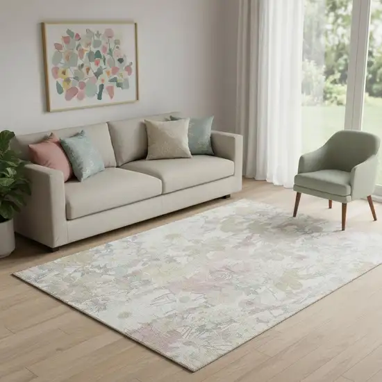 Ivory Beige And Linen Floral Washable Area Rug With UV Protection Photo 2