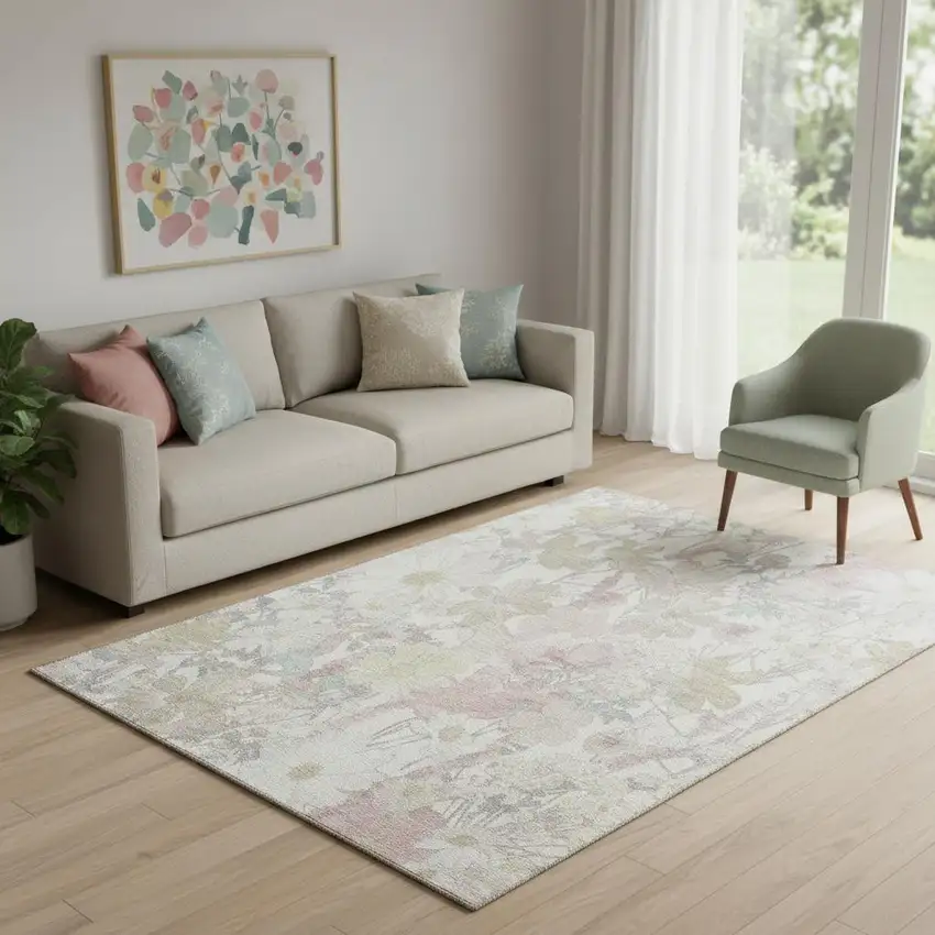 Ivory Beige And Linen Floral Washable Area Rug With UV Protection Photo 2