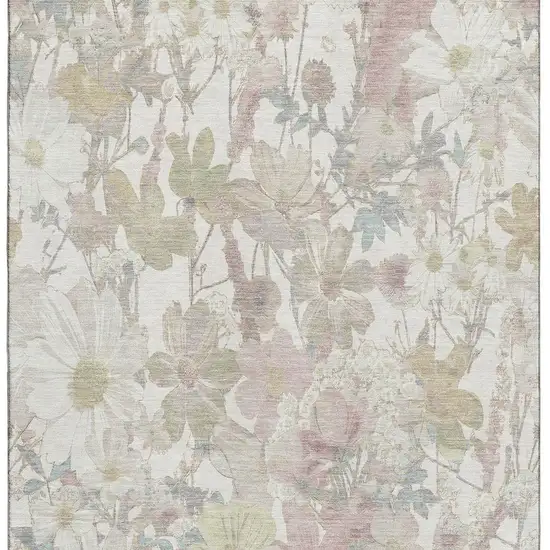 Ivory Beige And Linen Floral Washable Area Rug With UV Protection Photo 2
