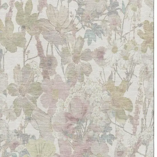 Ivory Beige And Linen Floral Washable Area Rug With UV Protection Photo 2