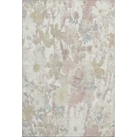 Ivory Beige And Linen Floral Washable Area Rug With UV Protection Photo 1