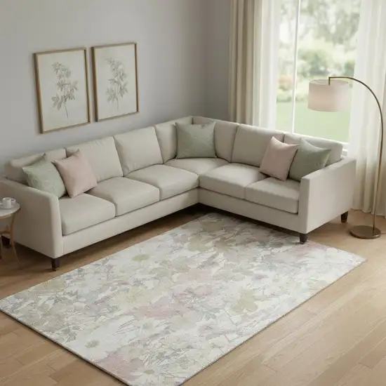 Ivory Beige And Linen Floral Washable Area Rug With UV Protection Photo 2